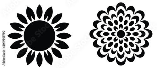 Sunflower and dahlia flower icon set with black silhouette floral elements isolated on white background nature vector illustration