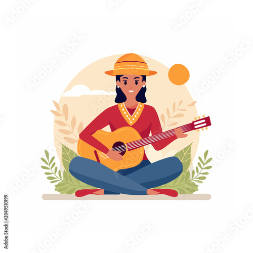 Woman in hat playing acoustic guitar outdoors