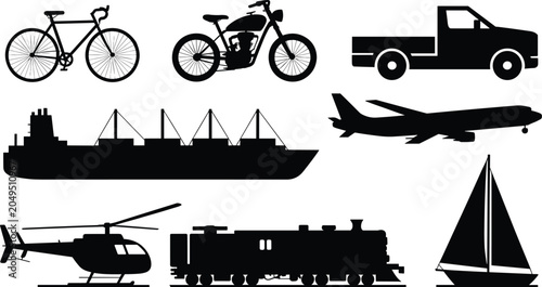 Obraz na płótnie Black silhouette transportation icons featuring bicycle, motorcycle, truck, ship