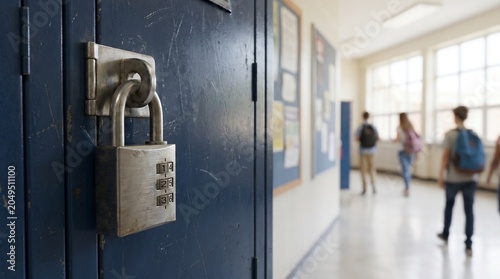 Metallic Combination Lock Secured on a School Locker Door, Detailed Number Dial, Educational Hallway Background