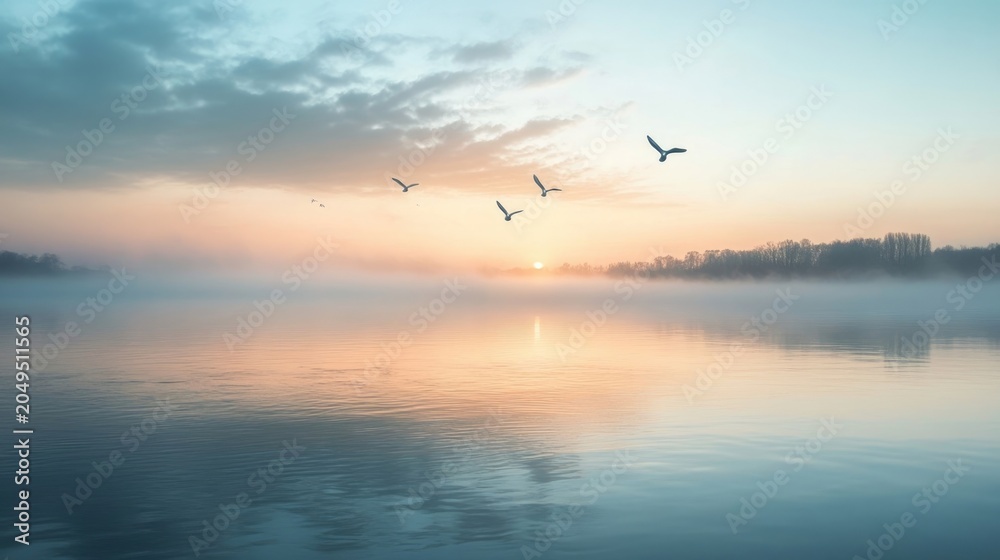 Obraz premium A peaceful estuary at dawn, with soft mist hovering over the water and birds flying overhead