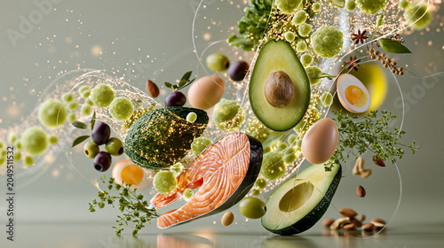 Abstract microbiome bacteria surrounding ketogenic foods for nutrition science gut health and metabolic wellness concept