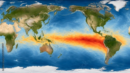 Global map showing El Nino warming pattern in Pacific Ocean	