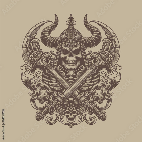 Cuadro en lienzo Viking skull emblem with crossed axes ornamental design