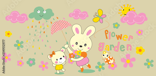 Kind cartoon bunny holding an umbrella for a cute bear friend in flower field, sweet vector for baby apparel.