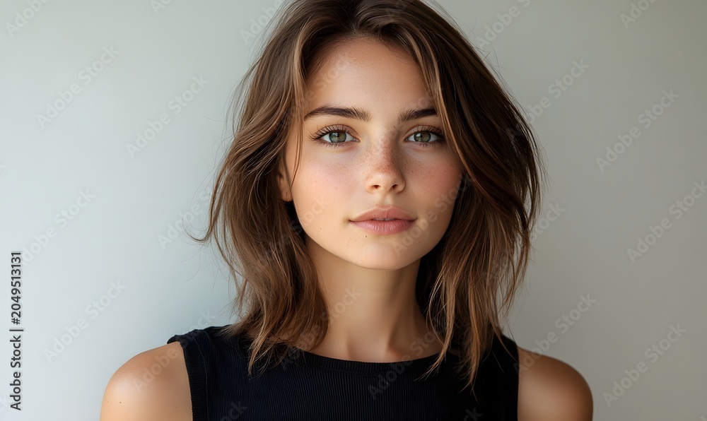Fototapeta premium Young woman with brown hair and a neutral expression standing against a plain background