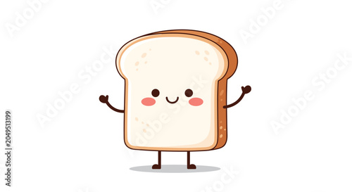 Adorable slice of white bread character with a happy smiling face and tiny arms and legs isolated on a white background.