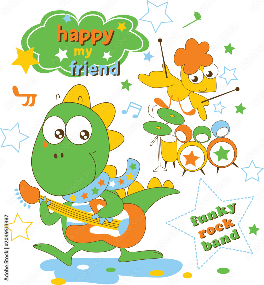 Obraz premium Cute dinosaur rock band playing guitar and drums, funny musical cartoon character vector for kids screen print