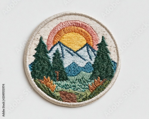 Vintage embroidered patch of a mountain and forest landscape at sunset. Handmade hiking badge and retro outdoor adventure souvenir isolated on a white background.