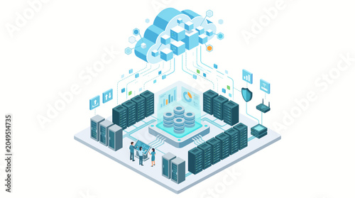 Isometric cloud computing concept with server room and data storage.
