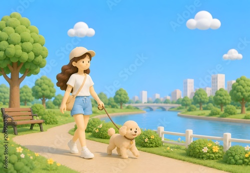 공원에서 반려견과 산책하는 여름 라이프스타일 3D 렌더링
 Generating AI