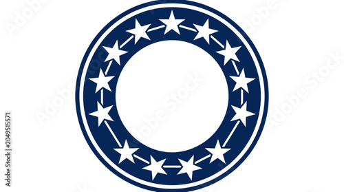 Blue starburst circle, starry ring, navy blue icon, white stars