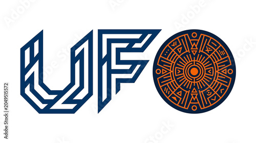 Geometric Aztec logo, Mayan calendar symbol, UF initials, blue and orange vector icon
