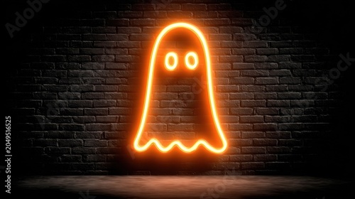 Spooky Neon Ghost: An eerie orange neon ghost sign glows eerily against a dark brick wall, casting a spectral light that hints at Halloween mischief.