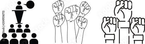Fotografija Speaker on podium and raised fists protest icons with activism resistance demons