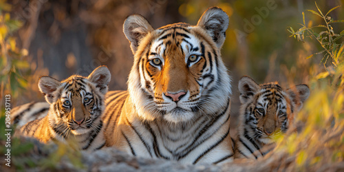 Tiger Mother with Two Young Cubs in Wild Grass