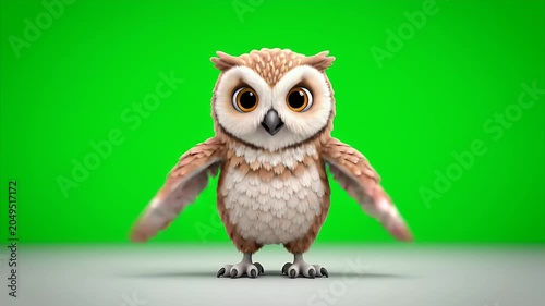 Cute Cartoon Owl Stands and Winks on a Green Screen Background Isolated Object Studio Lighting Detailed Fur Texture Natural