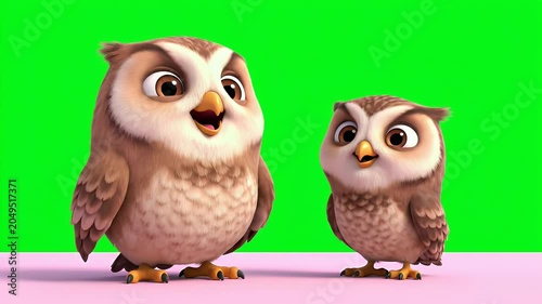 Two Adorable Cartoon Owlets With Big Expressive Eyes Stand Facing Each Other Against A Vibrant Green Screen Background With A
