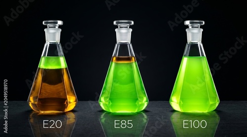 Three glowing conical flasks on black showing E20, E85, and E100 ethanol biofuel blends, visualizing the shift from fossil fuels to pure green renewable energy.