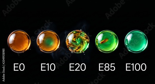 Five glowing liquid spheres on a black background representing E0 to E100 ethanol biofuel grades, transforming from orange combustion to pure green energy.
