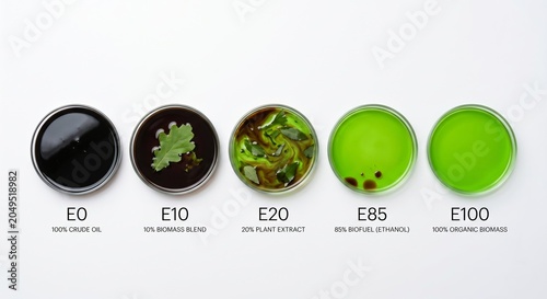 Top-down view of five petri dishes illustrating the biological evolution of biofuel, transforming from dark crude E0 to vibrant green algae-like E100.