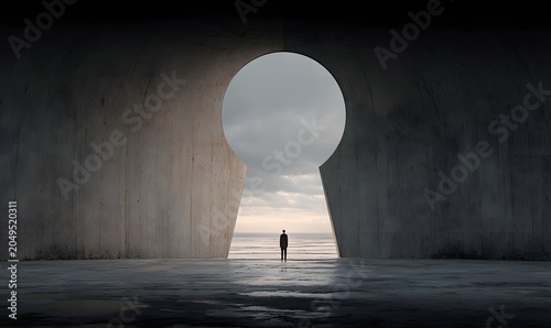 Person stands in front of a large keyhole-shaped opening in a wall, looking out at the ocean.
