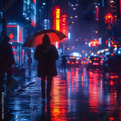 Person walks alone on a rainy city street at night, holding a red umbrella for protection
