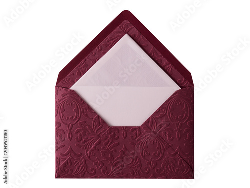 Elegant open burgundy envelope with embossed damask pattern and blank white card isolated on white background