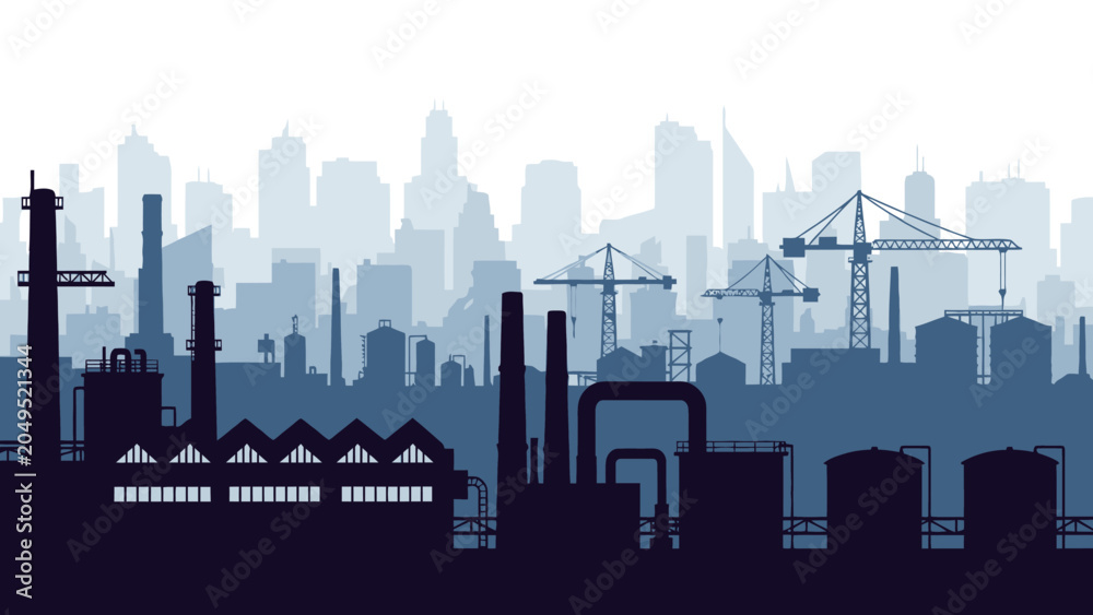 Obraz premium Industrial skyline with factories, smokestacks, and cranes spanning a modern urban horizon.