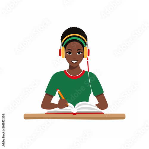 Young woman with headphones studying and writing