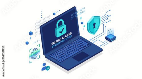 Cuadro en lienzo Isometric laptop displaying secure access with padlock symbol for data protection