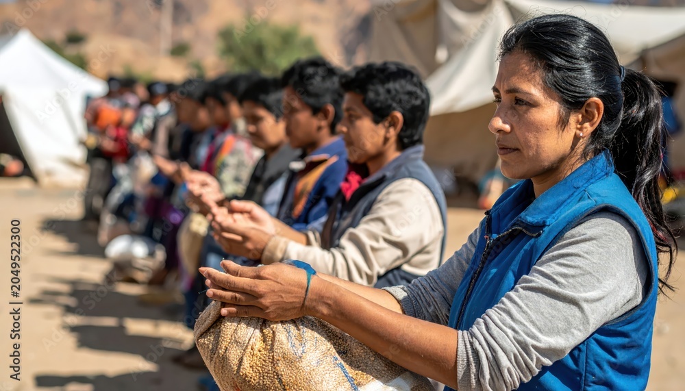 Obraz premium Humanitarian aid worker in blue vest distributes grain bags to waiting queue of people in arid outdoor setting