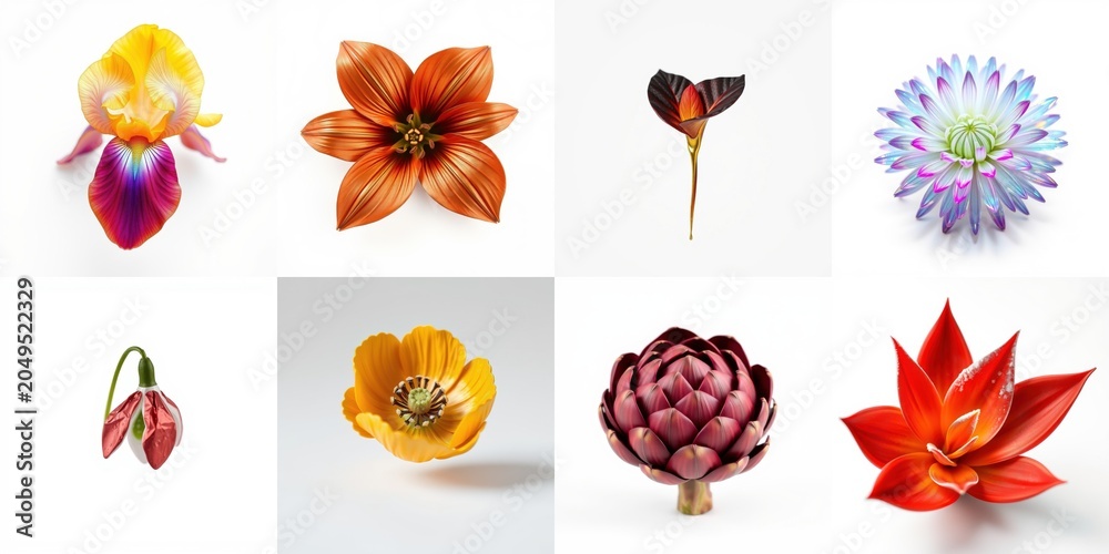 Obraz premium Floral collage displays diverse blooms. Vibrant colors, delicate petals, botanical beauty captured in studio lighting.