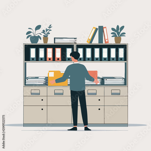 Man organizing files and binders on a large office shelving unit.