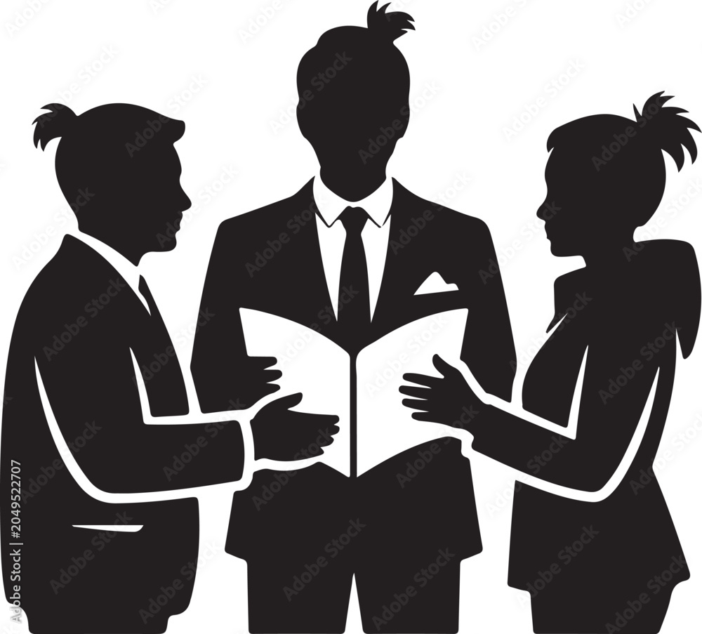 Fototapeta premium Black silhouette of three people in business suits holding a document, isolated on white... team d
