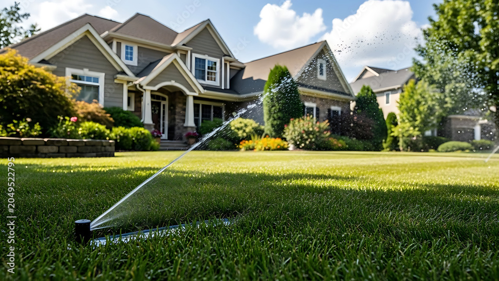 Obraz premium Automated irrigation system watering a lush green residential lawn backyard garden with professional sprinkler head spraying fresh water droplets during summer maintenance for healthy grass.