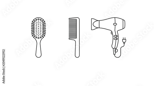 Foto Hair care and styling tools including a comb, brush, and hairdryer, illustrating
