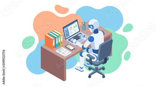 Foto Robot at a desk working on a laptop, showcasing artificial intelligence and automation in an office environment