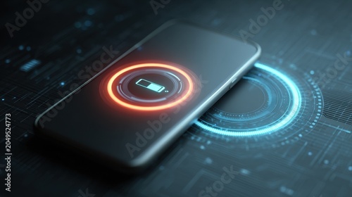 Smartphone Charging: A sleek smartphone displays a glowing battery icon, indicating it is actively charging on a futuristic interface, suggesting progress and power.