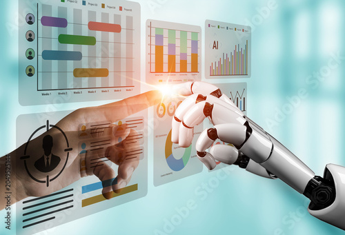 Φωτογραφία A human hand and a robotic hand reach toward each other amid digital displays of data analytics, illustrating the synergy between technology and human ingenuity in modern business