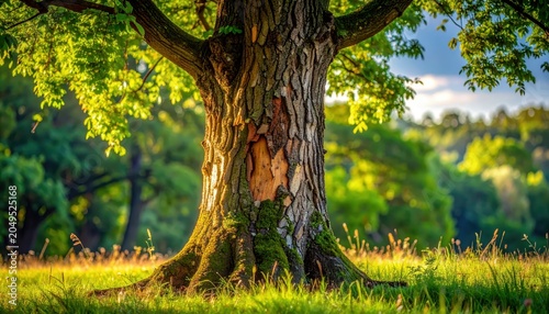 Majestic Old Tree Trunk with Textured Bark and Moss in Warm Sunlight
