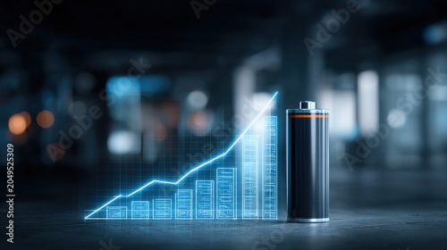 Battery Power Growth: A graphic representation shows an upward trend of bar charts and a line graph, symbolizing the growth and efficiency of battery technology, with a battery standing beside it.