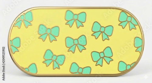 3D render of decorative oval tray with mint green bows on yellow background, cute feminine design element for product mockup and graphic design.