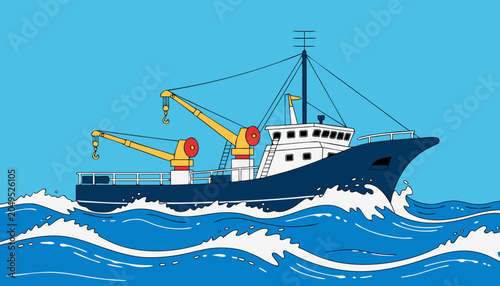Foto Professional blue fishing vessel vector illustration featuring yellow cranes nav
