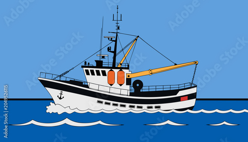 Slika na platnu Professional vector illustration of a sturdy commercial fishing trawler navigati