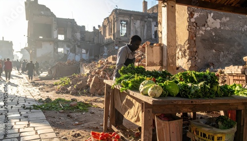 Market vendor arranges fresh vegetables for sale amidst ruins, showcasing resilience and local commerce.
