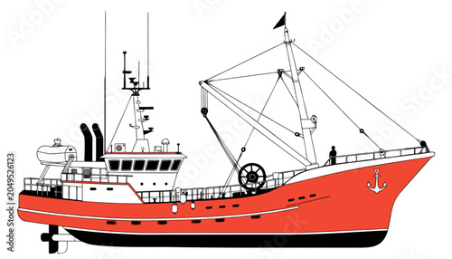 Slika na platnu Detailed vector illustration of a sturdy red fishing trawler boat featuring a pr