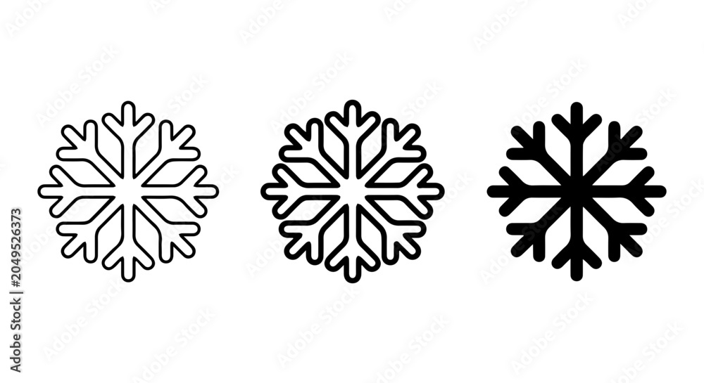 Obraz premium Snowflake icon set, outline, solid, silhouette, white background, vector illustration
