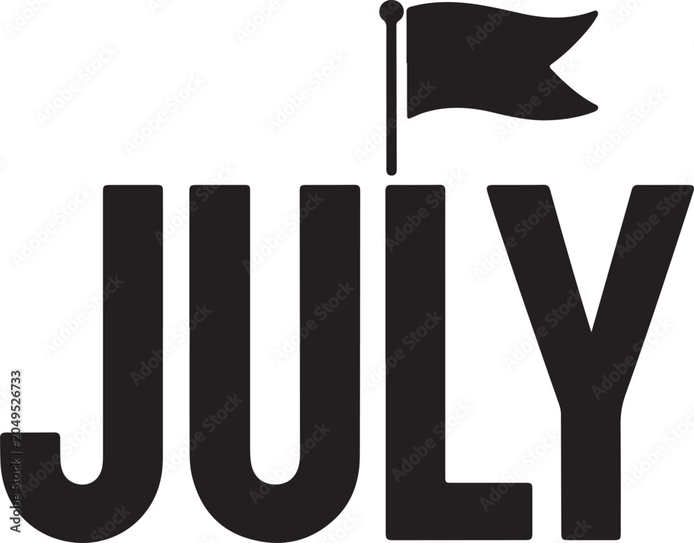 Fototapeta premium Black text reading july with a small flag on of the letter l, isolated on white background, month d