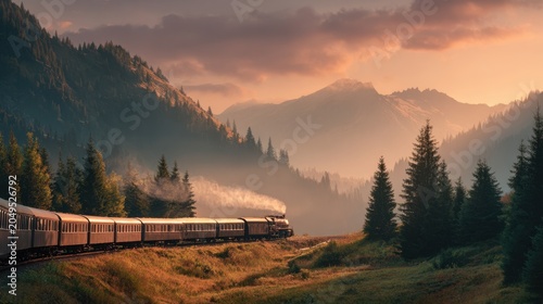 Scenic Train Journey: A vintage passenger train winds its way through a breathtaking mountain landscape at sunset.